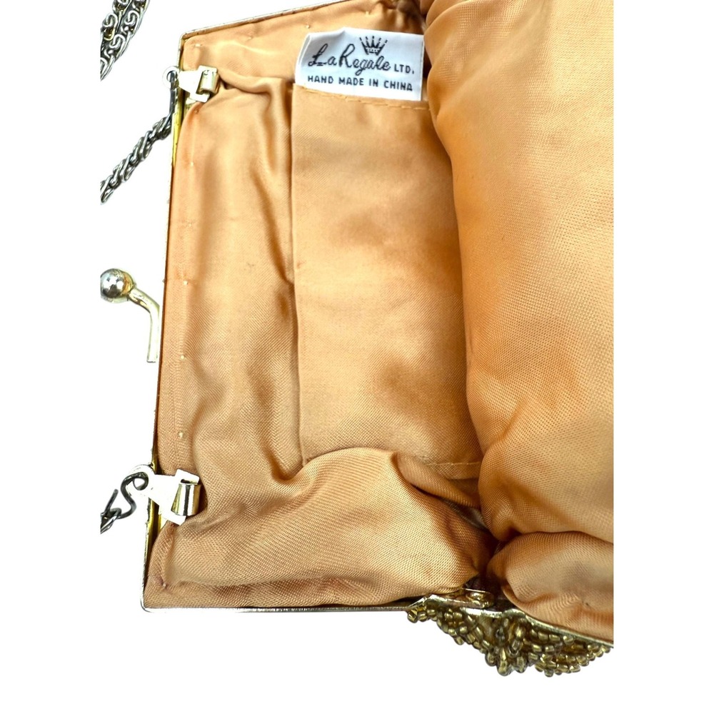 VTG La Regale Women's Evening Shoulder Purse Gold Beaded Clam Shell Gold Chain - Picture 7 of 13